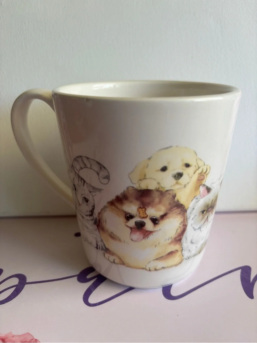 Mug/Pier 1 Cream Ceramic Mug with Puppy, Kitten & Pomeranian Illustrations